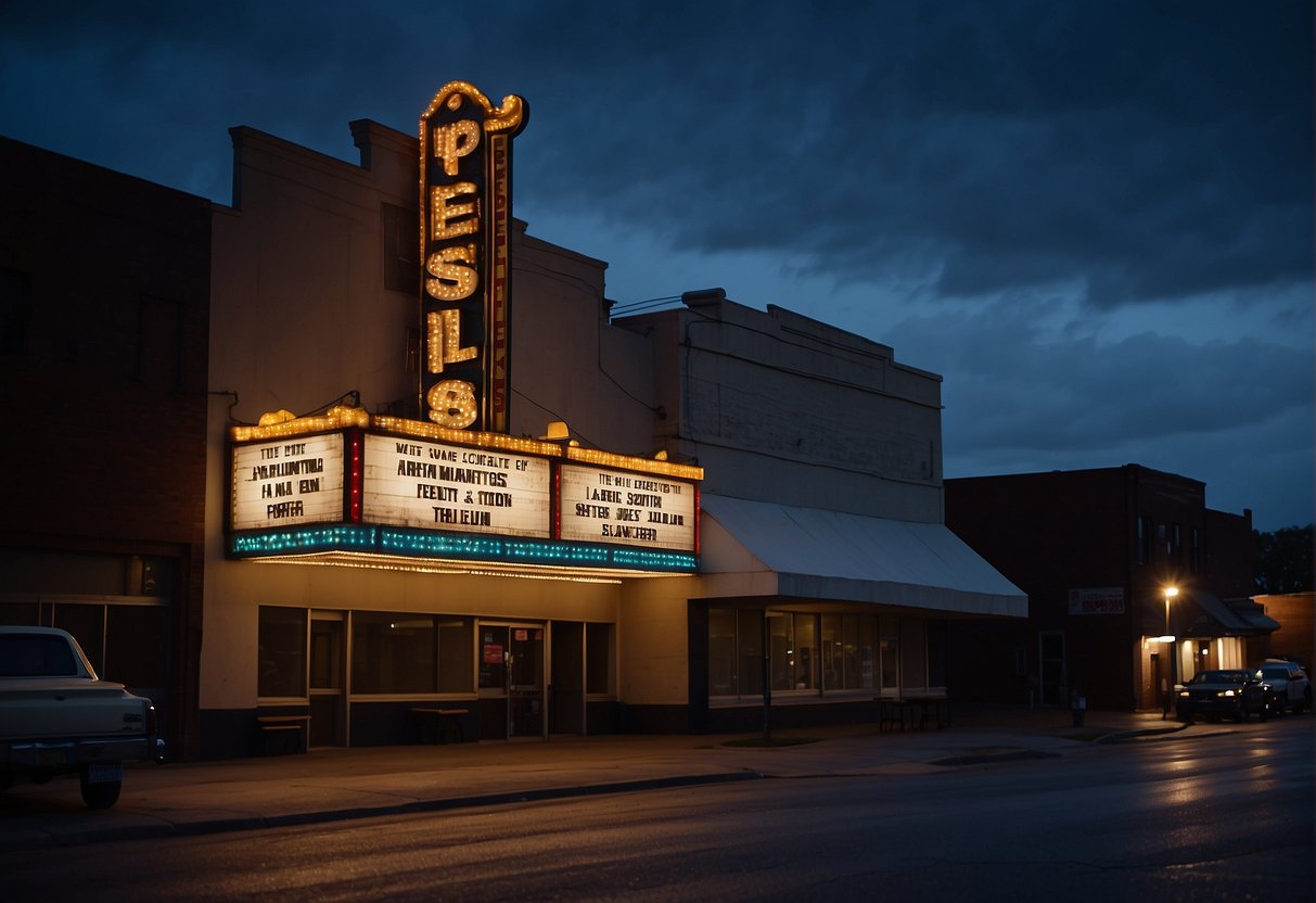 A colorful theater marquee shines bright against a darkening sky, beckoning families to a lively performance in Missouri
