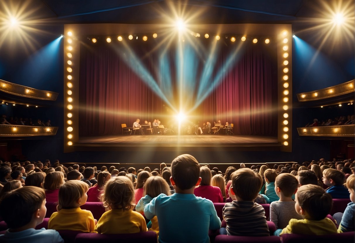 A colorful theater stage with vibrant curtains and a spotlight shining down, surrounded by excited families and children eagerly waiting for the show to begin
