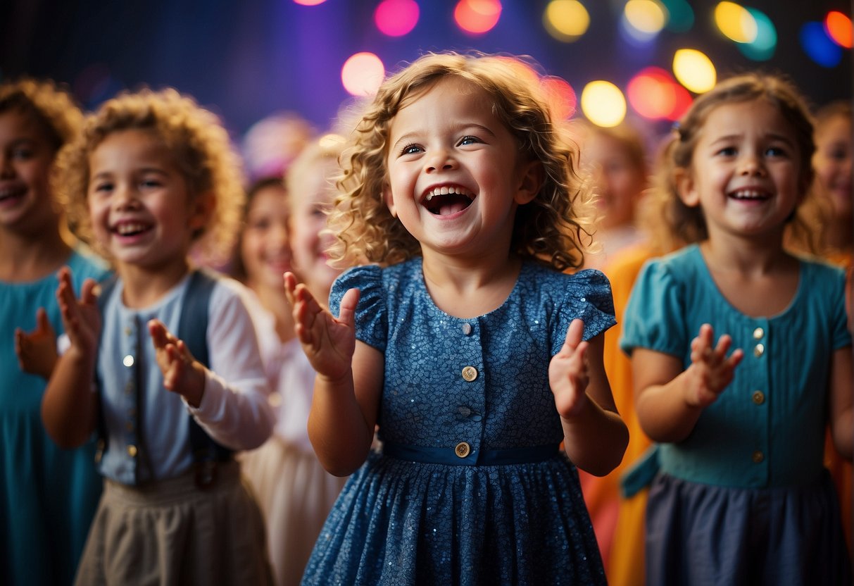 Children laughing and clapping at a colorful, lively stage show with bright lights and engaging performers