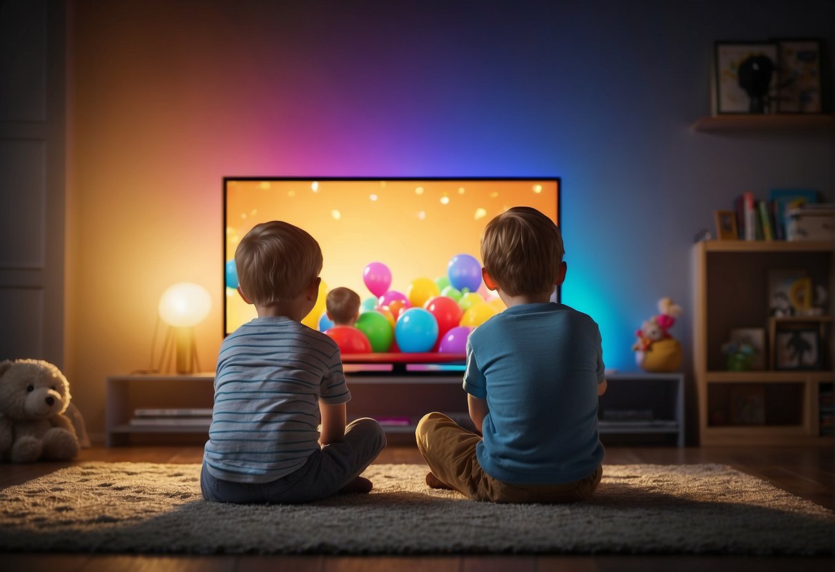 Children happily watching colorful TV shows on a big screen with streaming options available. A parent's guide book is placed nearby
