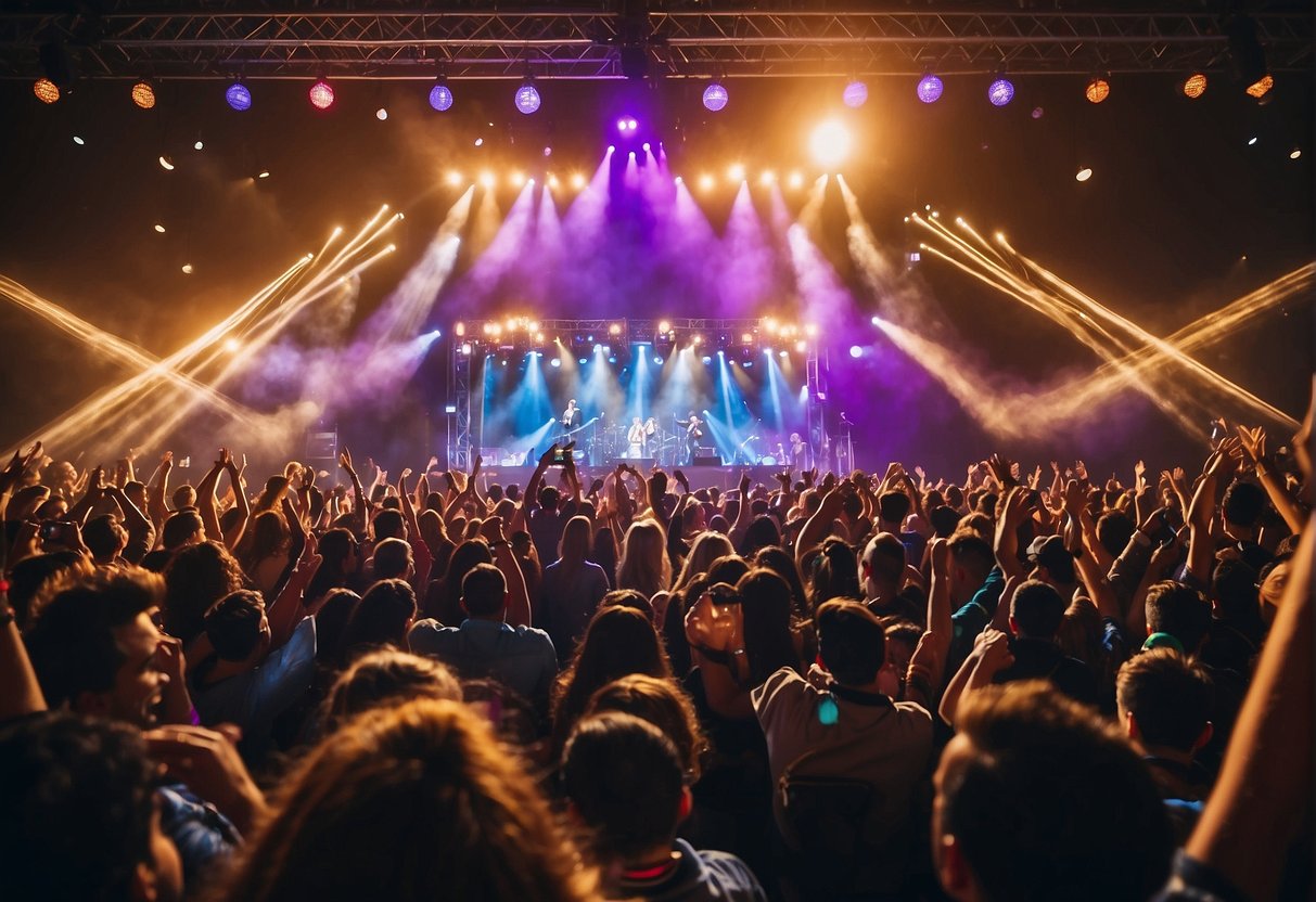 Colorful stage with bright lights, filled with lively music and energetic performers. Children and families are smiling and clapping, enjoying the dynamic and entertaining show