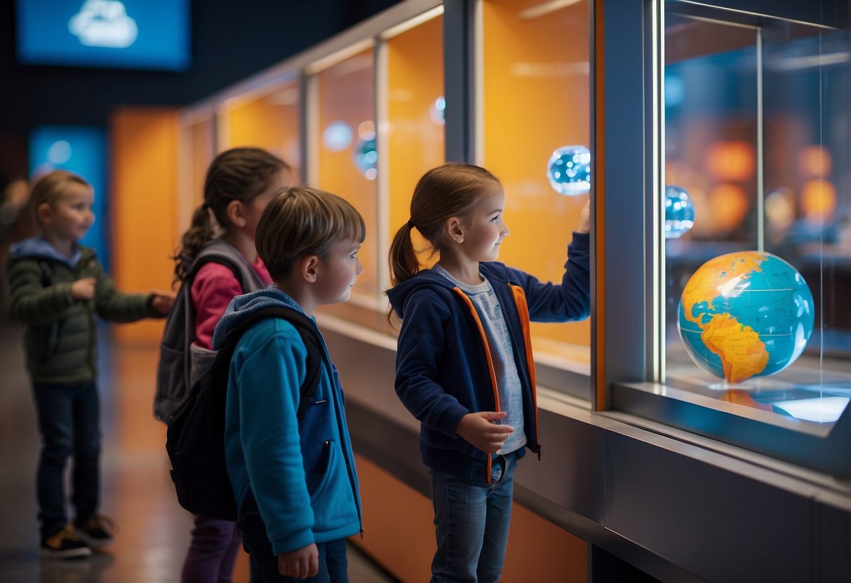 A group of children explore interactive exhibits at a science museum. Bright colors and engaging displays fill the room, sparking curiosity and excitement
