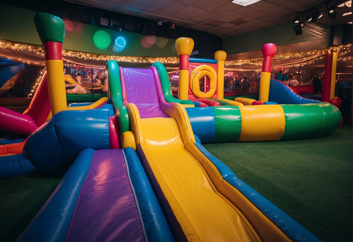 A colorful indoor play area filled with bouncing castles, slides, and arcade games. Families enjoy live performances on a stage with bright lights and vibrant costumes
