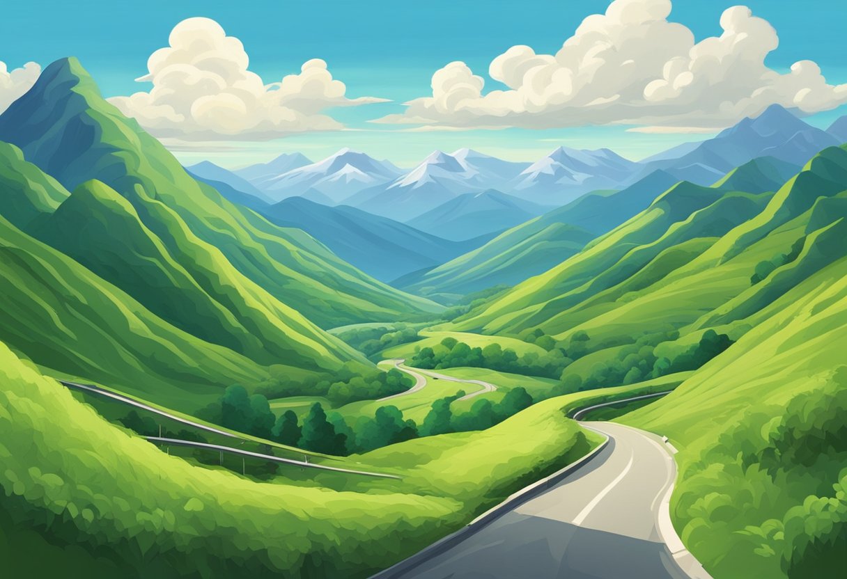 A winding road cuts through lush green hills, leading to a breathtaking mountain range in the distance. The sky is a brilliant blue, with fluffy white clouds adding to the sense of adventure and freedom