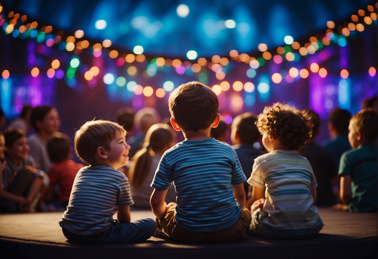 Families gather around a stage as colorful lights illuminate the performers. Laughter and excitement fill the air as children watch the dynamic and engaging show