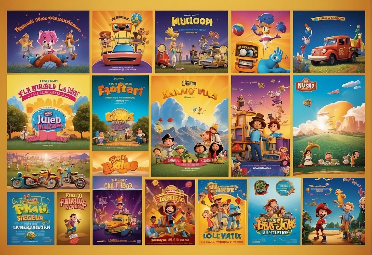 A colorful poster featuring popular kids' shows in Missouri, with playful characters and vibrant scenes, capturing the excitement of family entertainment