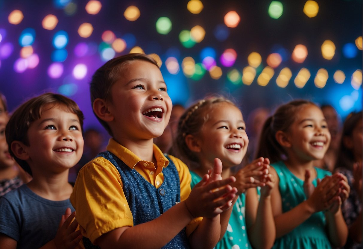 Children laughing and clapping as colorful performers entertain on stage with music and magic. Bright lights illuminate the venue, creating a lively and engaging atmosphere for families