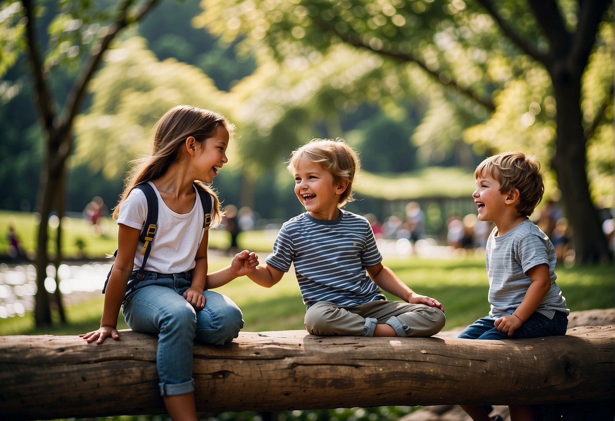 Children laughing and playing in a lush park with a vibrant outdoor stage, surrounded by trees and a flowing river