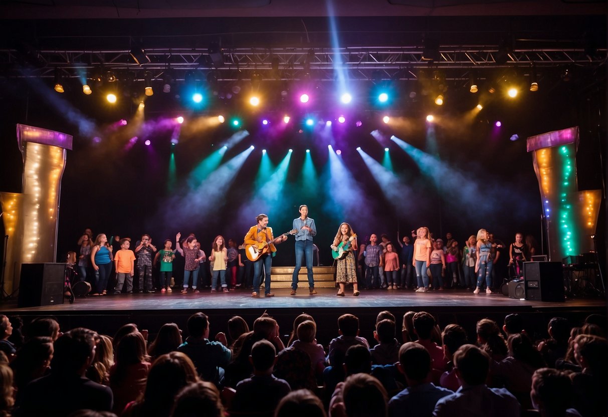 A colorful stage with vibrant lights and props, filled with excited children and families watching an engaging live entertainment show in Missouri