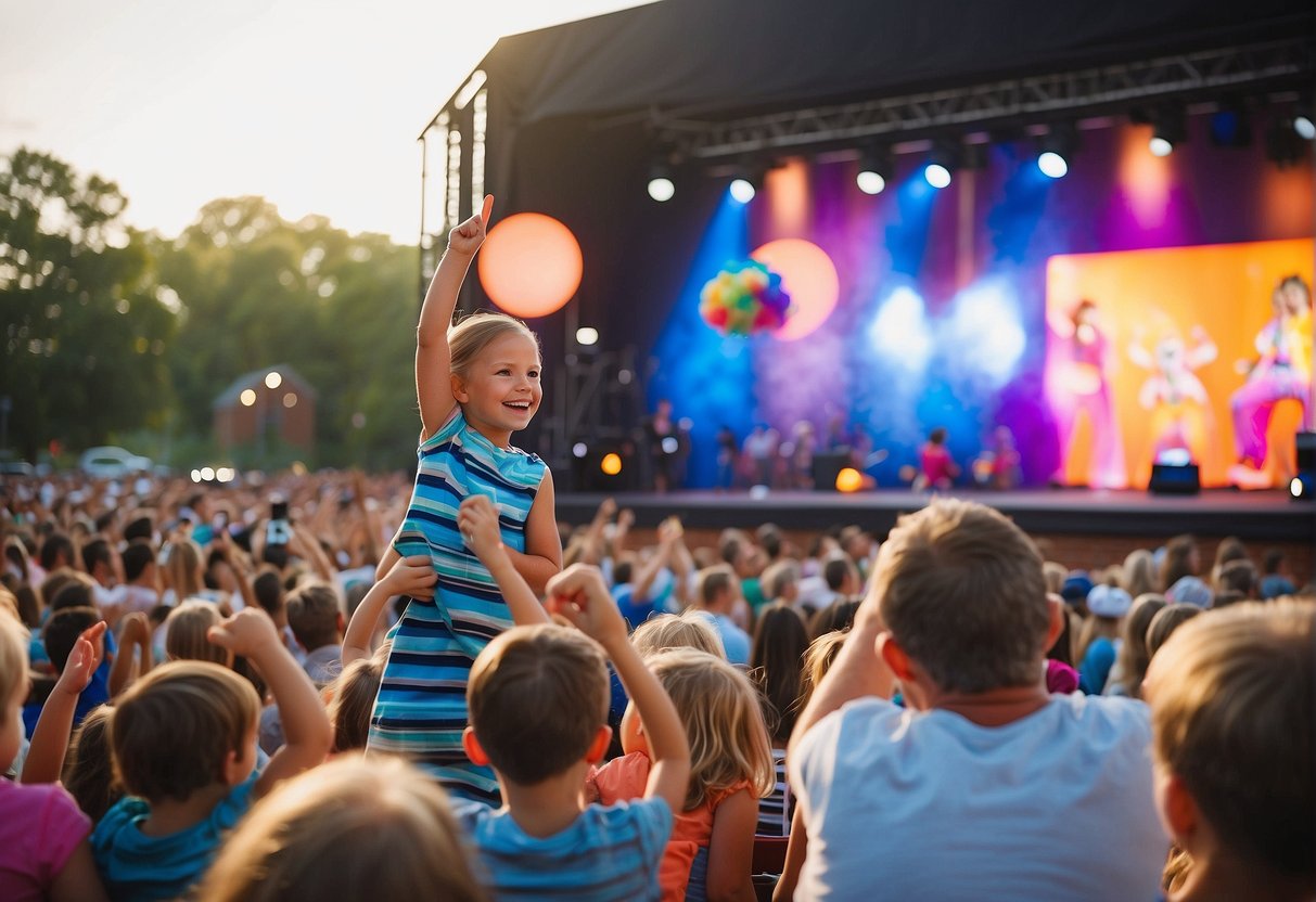 A colorful stage with lively performers, children in awe, and families enjoying interactive and entertaining shows in Missouri