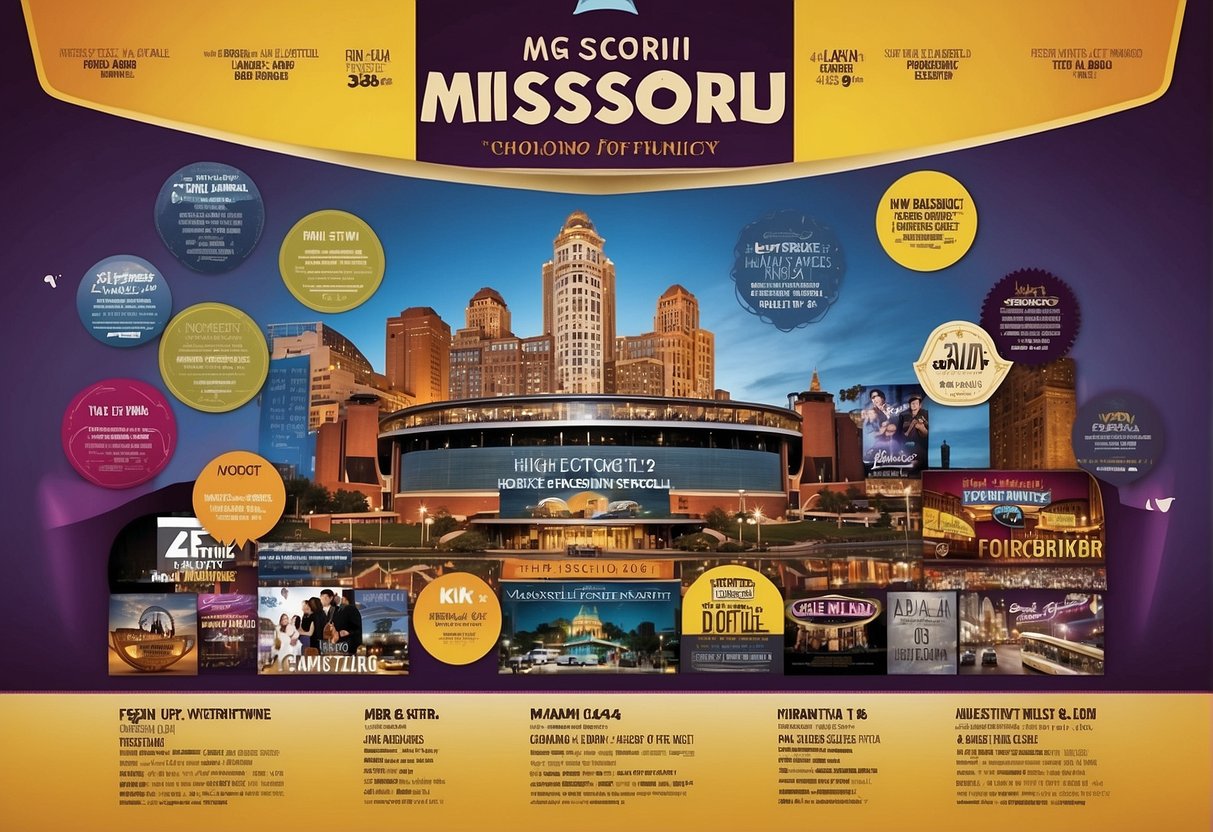 A colorful poster featuring a variety of upcoming shows and performances in Missouri, with vibrant images and bold text showcasing the diverse entertainment options for families