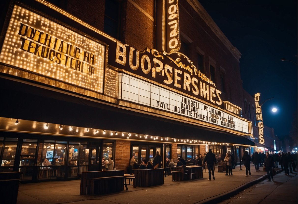 A bustling theater marquee lights up the night sky, showcasing upcoming shows and performances in Missouri. The vibrant colors and lively atmosphere draw in families seeking cultural entertainment in Saint Louis