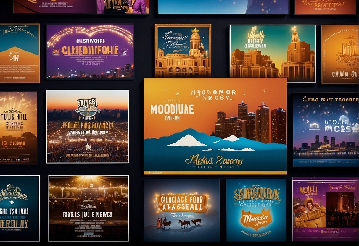 A colorful poster displaying upcoming shows and performances in Missouri, with images of holiday events and seasonal celebrations