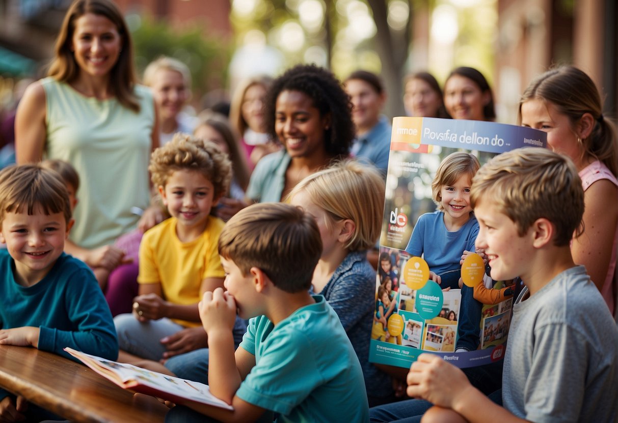 A colorful brochure with show listings and family-friendly illustrations, surrounded by excited children and parents reading and planning their outings