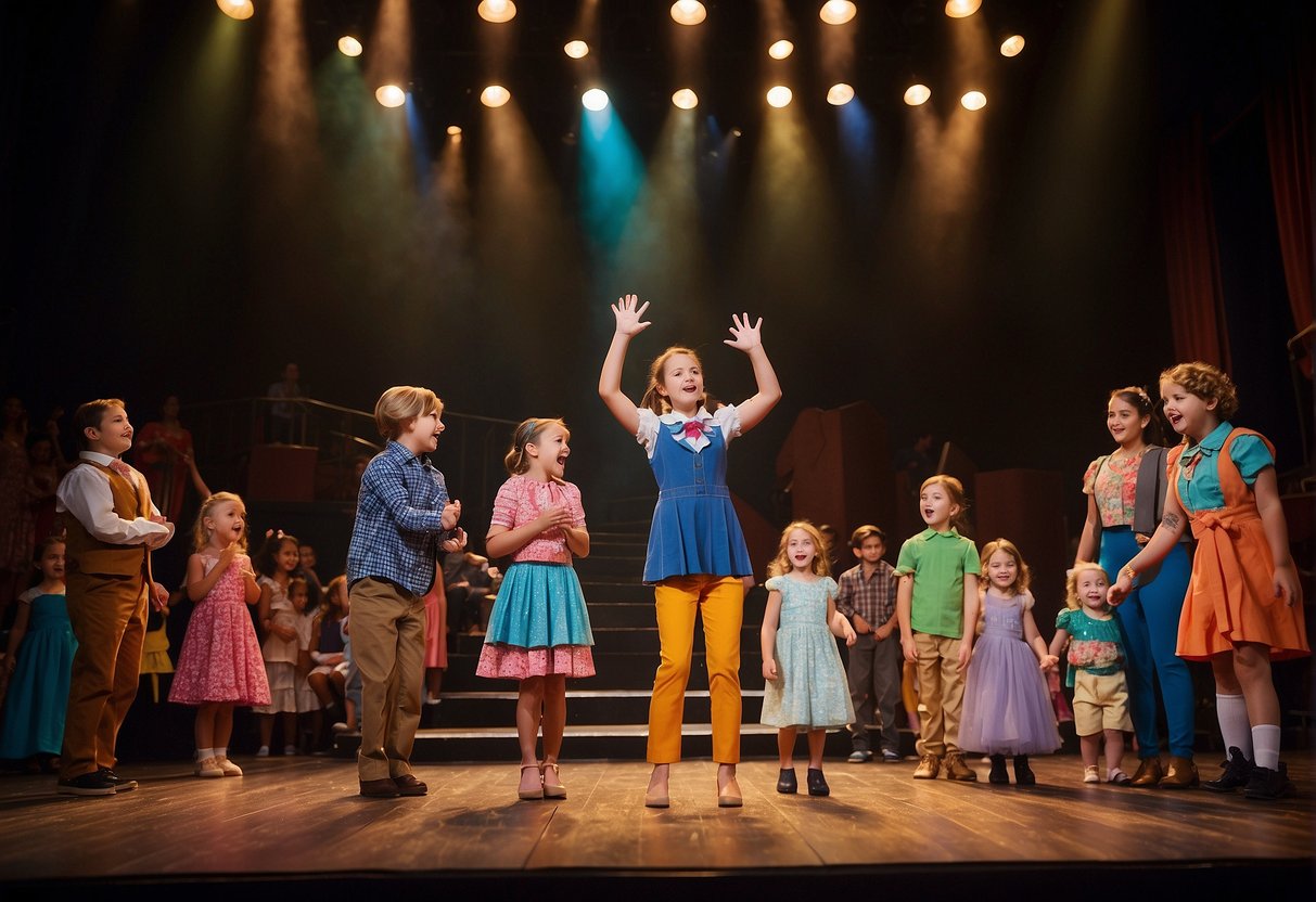 A colorful stage set with props and costumes, surrounded by excited families and children, as actors rehearse for a lively family-friendly performance in a Missouri theater