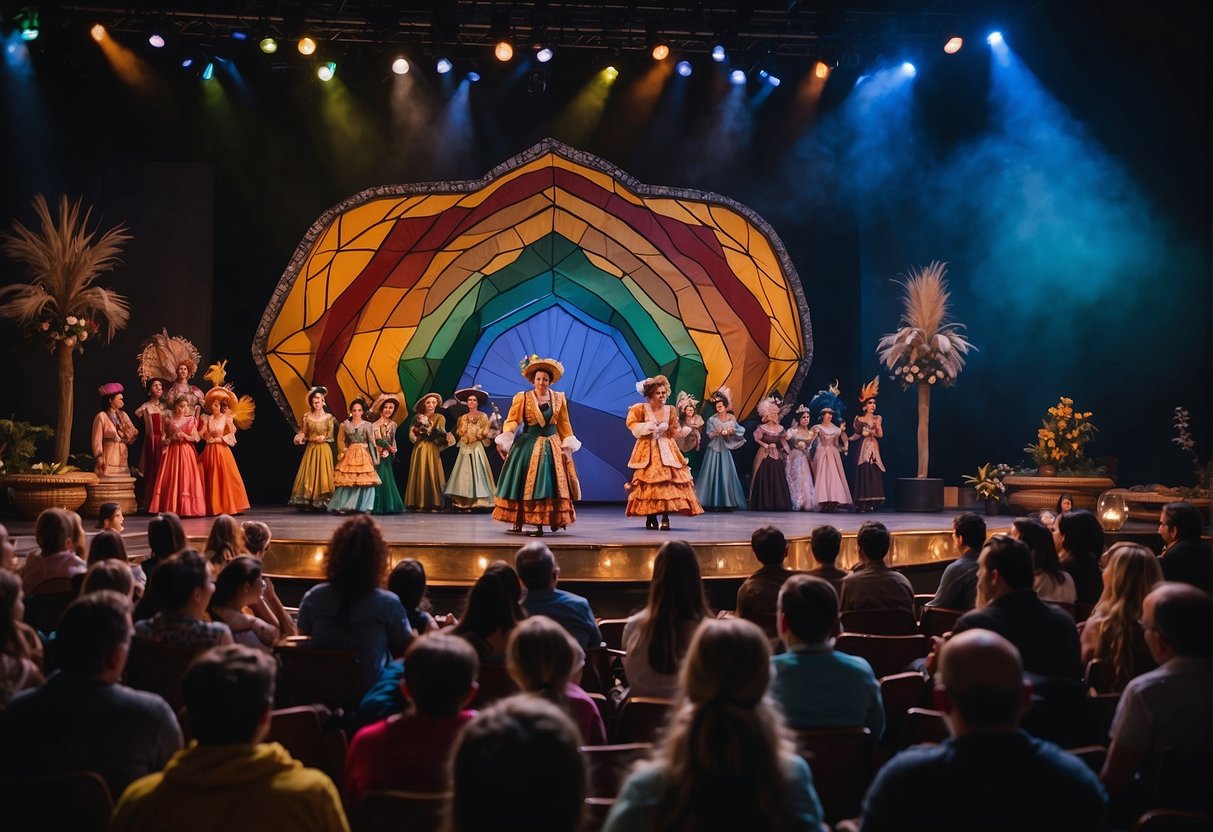 A colorful stage set with props and costumes from various Missouri cultural traditions, surrounded by excited audience members of all ages