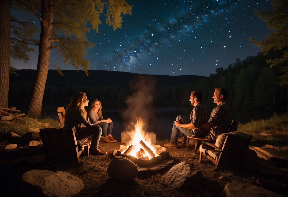 A family sits around a campfire in the Missouri wilderness, surrounded by towering trees and a starry night sky. In the distance, a theater stage is illuminated, showcasing a lively and family-friendly performance