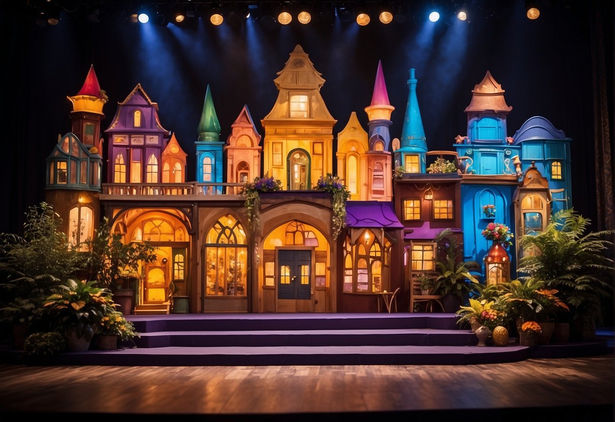 A colorful stage with vibrant set designs and props, filled with lively characters and enchanting costumes, surrounded by an audience of all ages, captivated by the magic of the performance