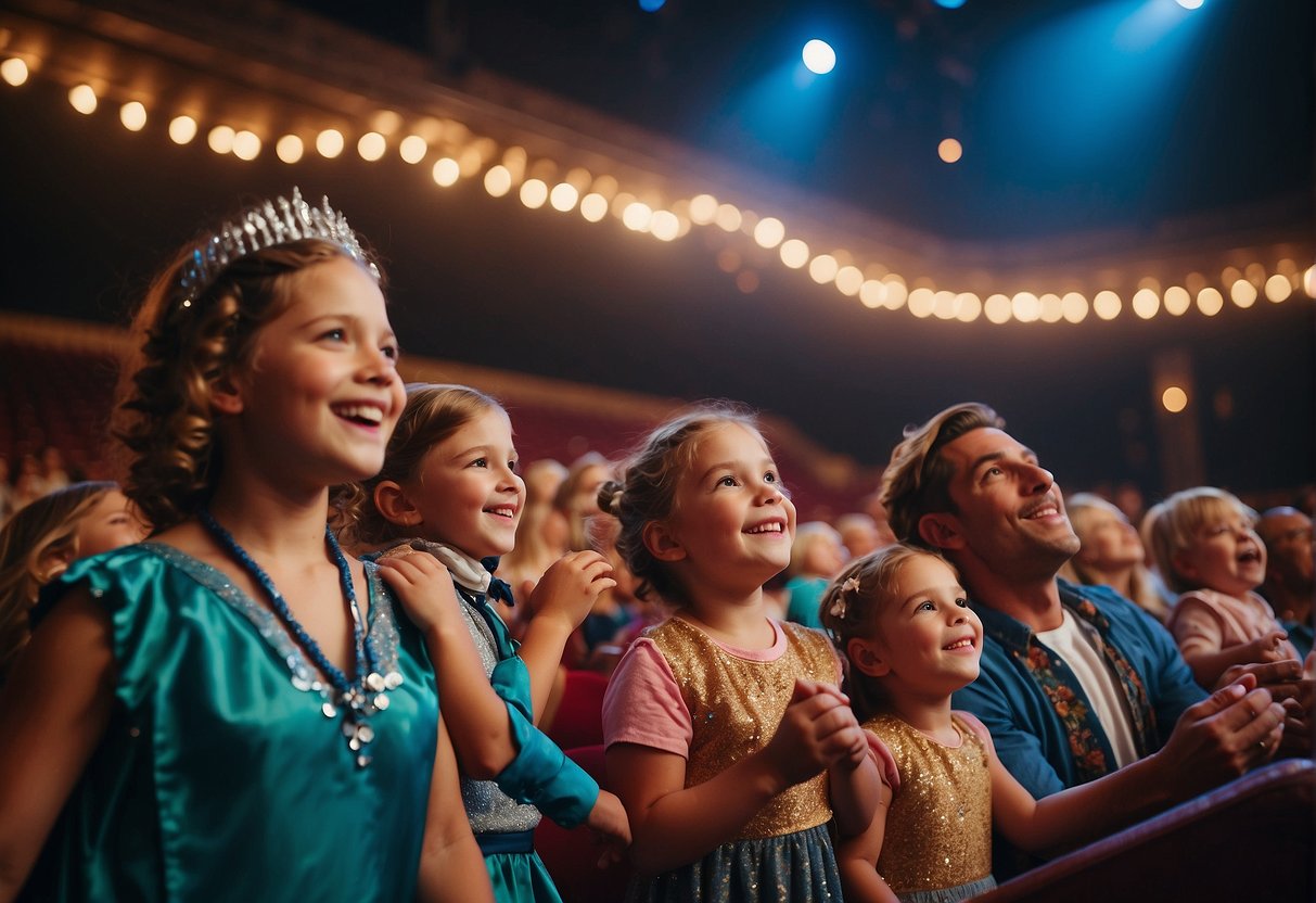 A colorful theater stage with props and costumes, surrounded by excited families, showcasing a lively family-friendly performance in Missouri