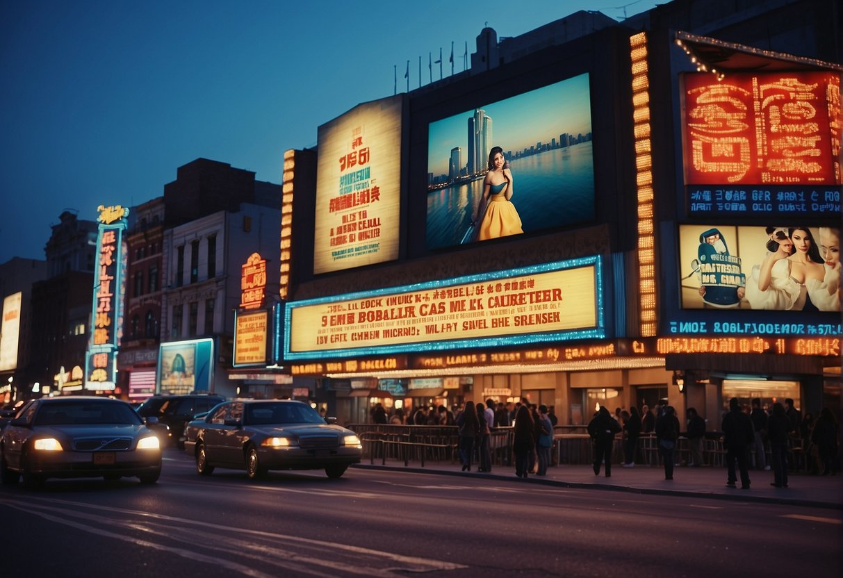 The bustling city streets are alive with colorful billboards and neon lights, while the grand theater marquee glows in the evening sky