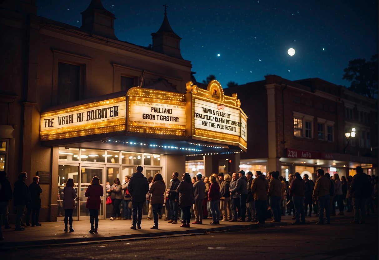 A colorful theater marquee shines bright against the night sky, with families gathered outside, eagerly waiting to enter for a magical performance