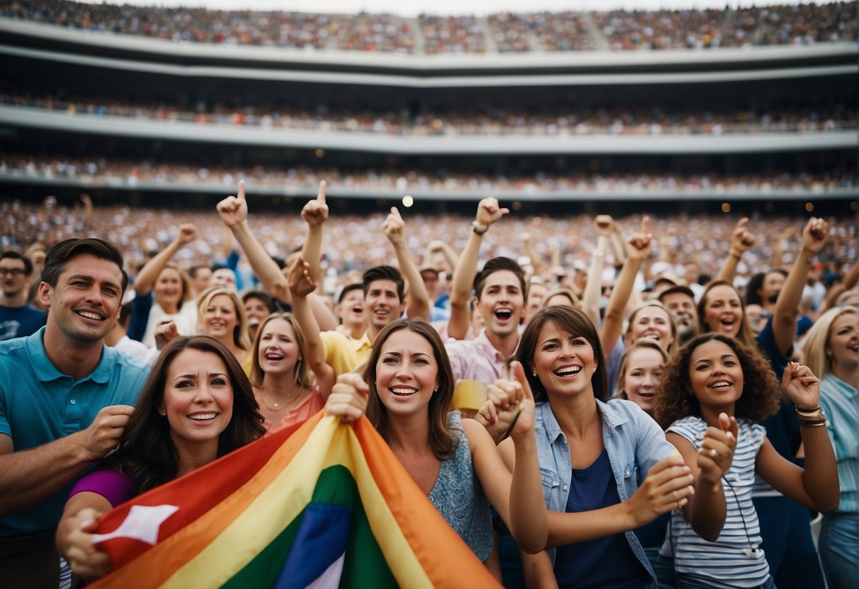 Families gather in a stadium, waving flags and cheering as they watch a sporting event in Missouri. The atmosphere is lively and full of excitement