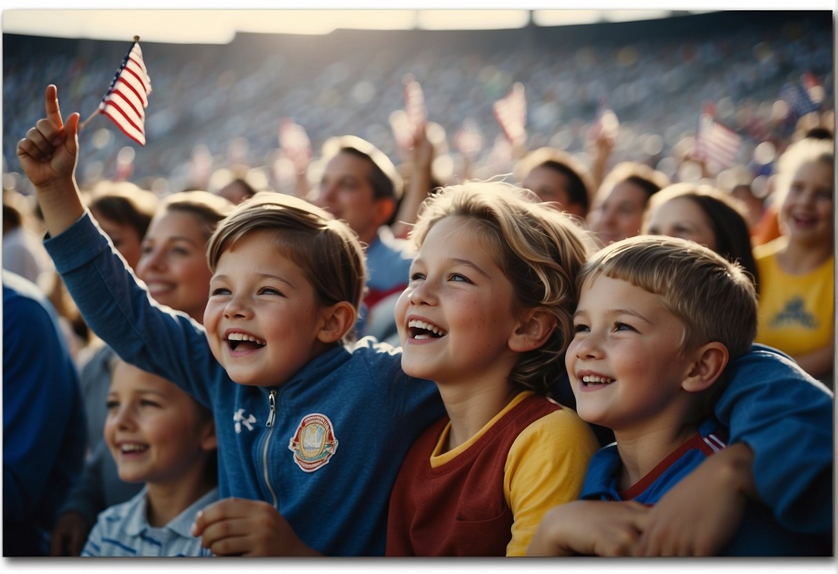 Families gather in a stadium, waving flags and wearing team colors. Children laugh and cheer as they watch a sports event in Missouri