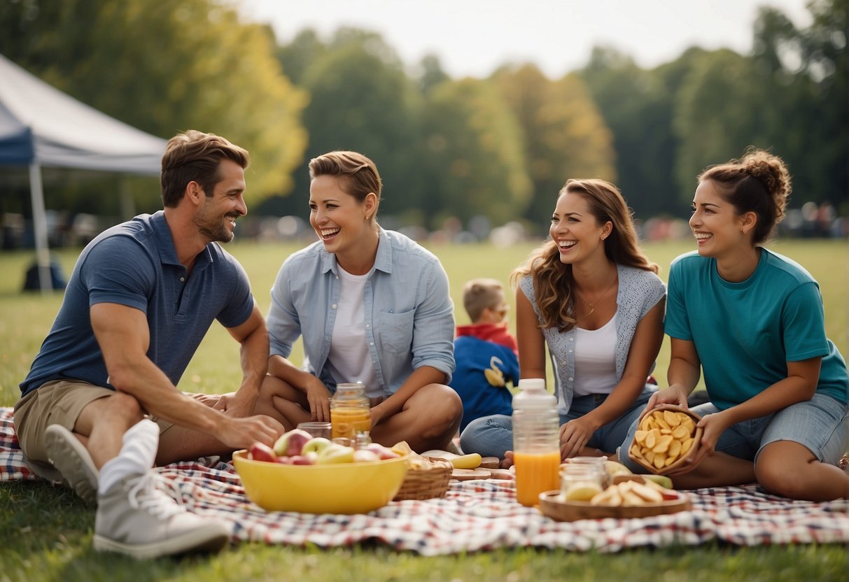 Families gather around a picnic blanket, surrounded by sports equipment and snacks. They smile and laugh as they plan their day at a Missouri sporting event