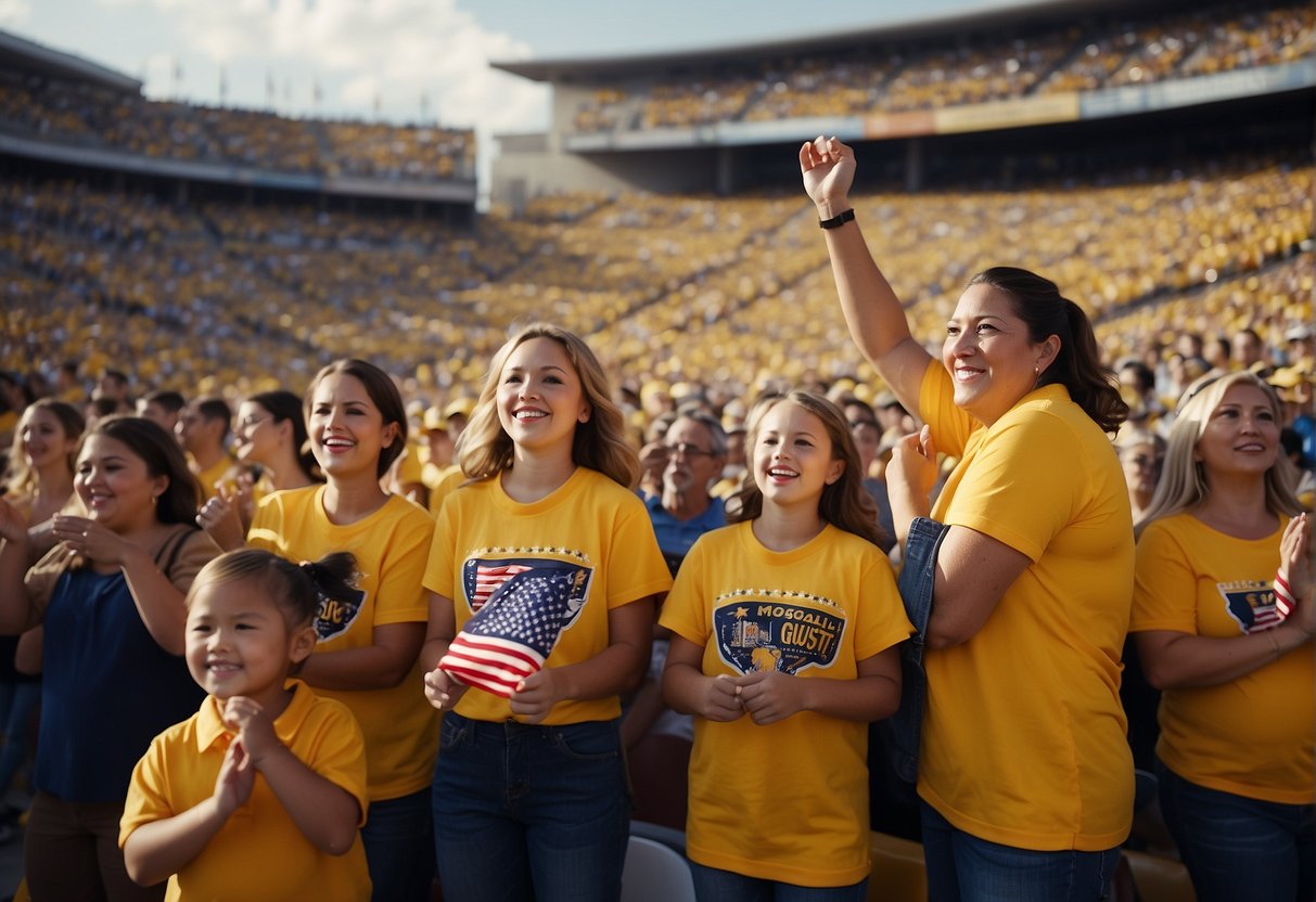 Families fill the stadium, waving team flags and wearing matching jerseys. The crowd cheers and claps as they enjoy a family-friendly sporting event in Missouri