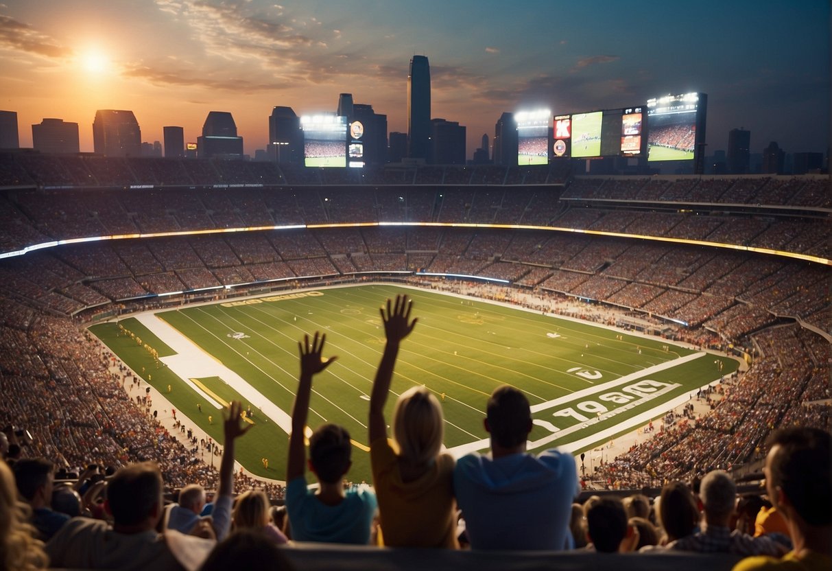 Families in a stadium, cheering for their favorite team, with a backdrop of the Missouri skyline and a vibrant atmosphere