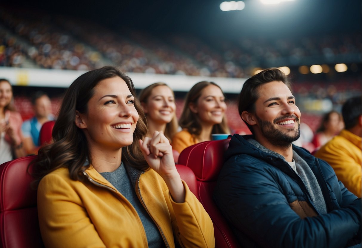 Families in stadium seats, smiling and clapping. Bright colors, joyful expressions. Snacks and drinks in hand. Safe and cozy atmosphere