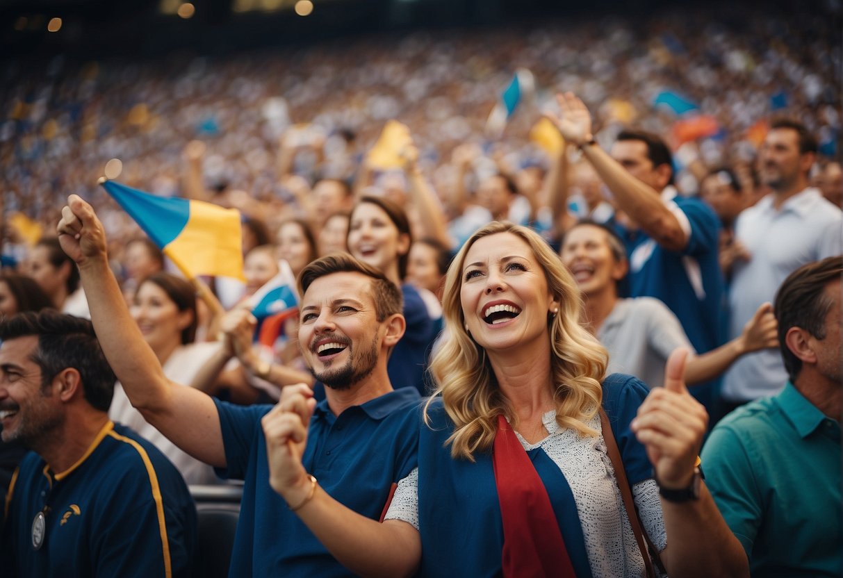 Families gather in a stadium, cheering and waving team flags. The atmosphere is lively and energetic, with the crowd engaged in the game