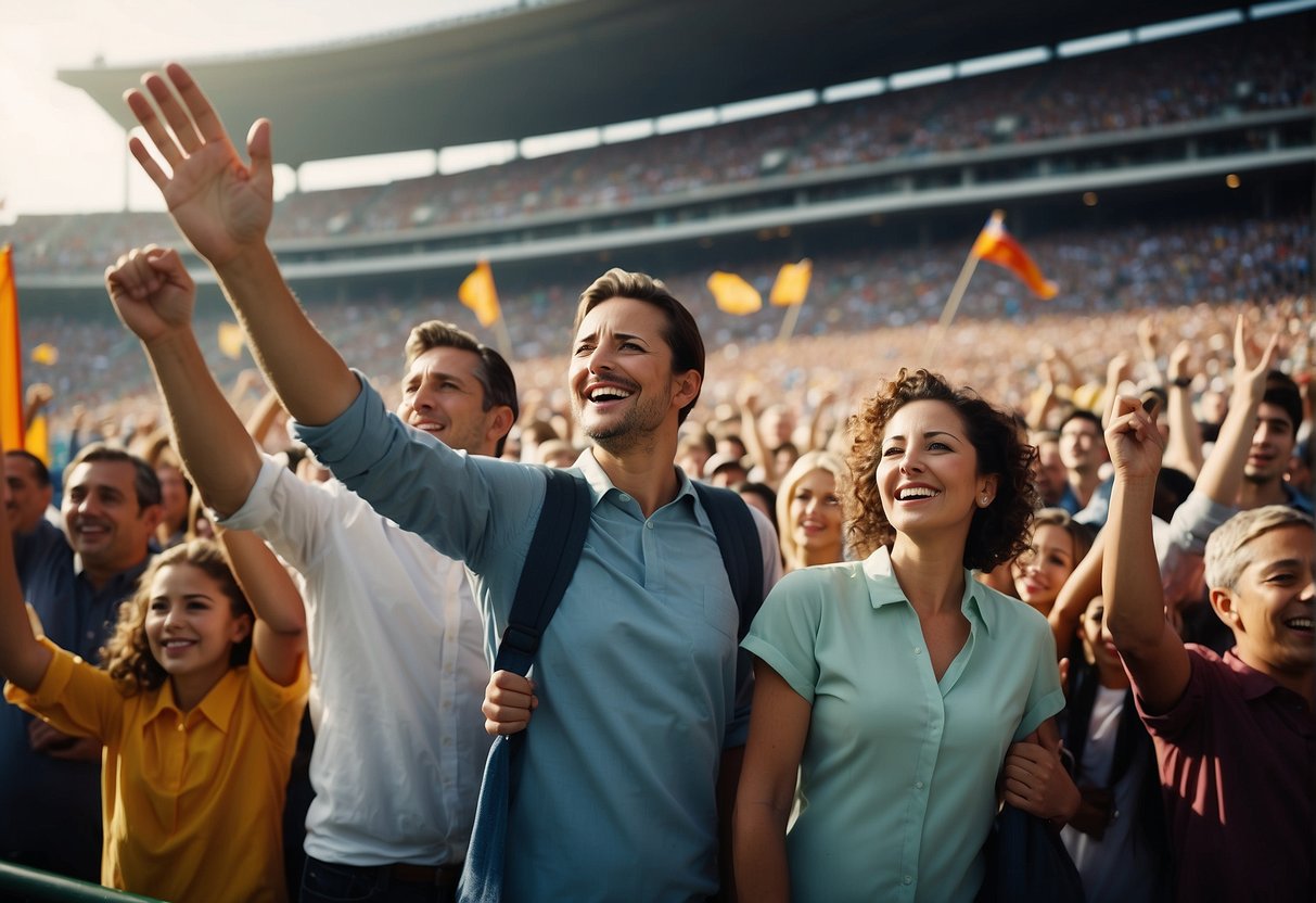 Families gather in a stadium, cheering and waving team flags. The atmosphere is filled with excitement and joy as they bond over their love for sports