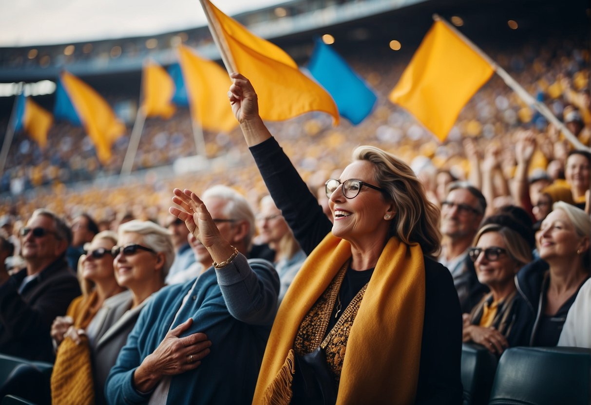 Families gather in a stadium, waving flags and wearing team colors. The crowd is cheering and smiling as they watch a sporting event in Missouri