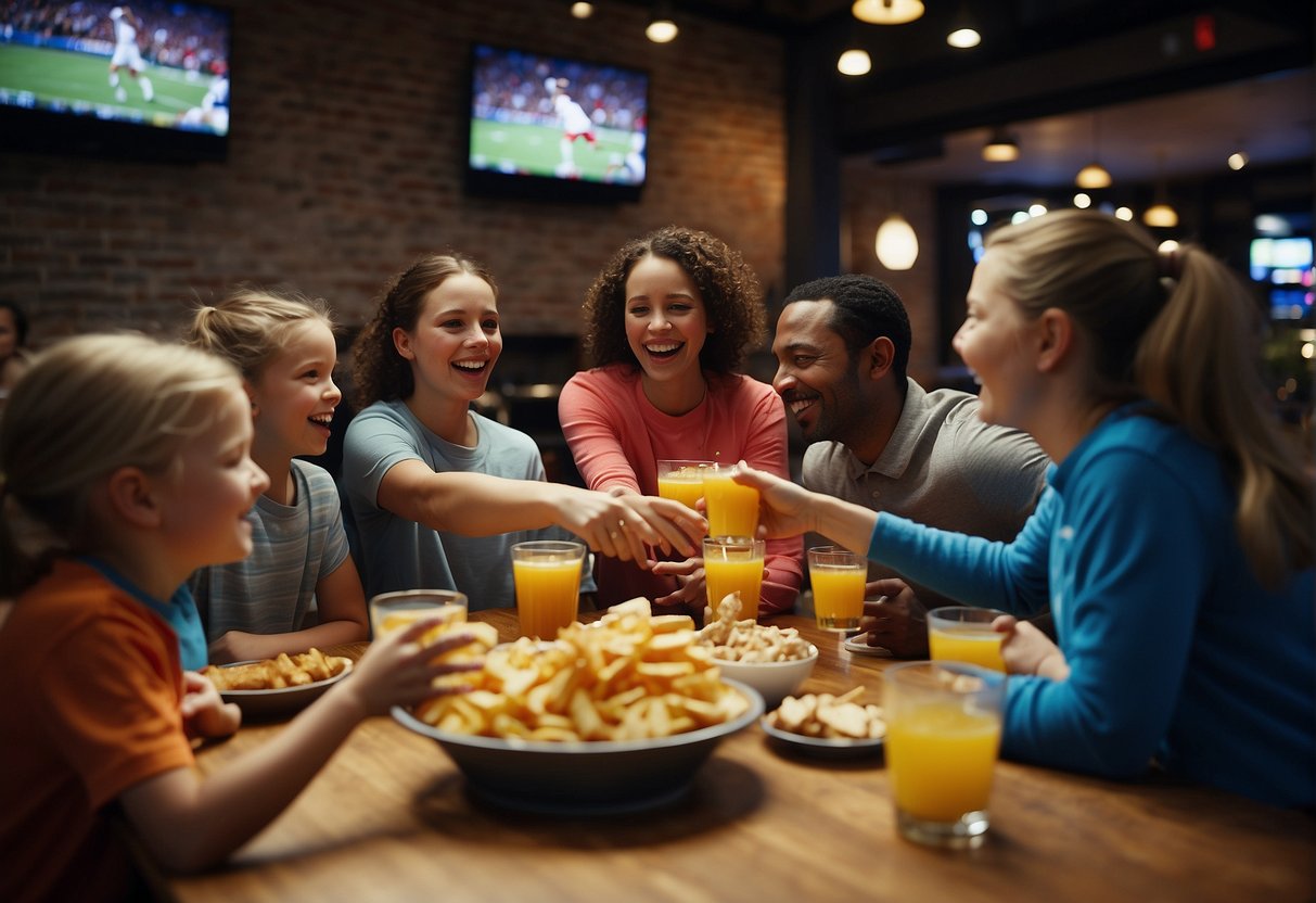 Families cheer at a sports bar, kids in team jerseys, high-fiving over a table of snacks and drinks. TVs show live games, while the atmosphere buzzes with excitement