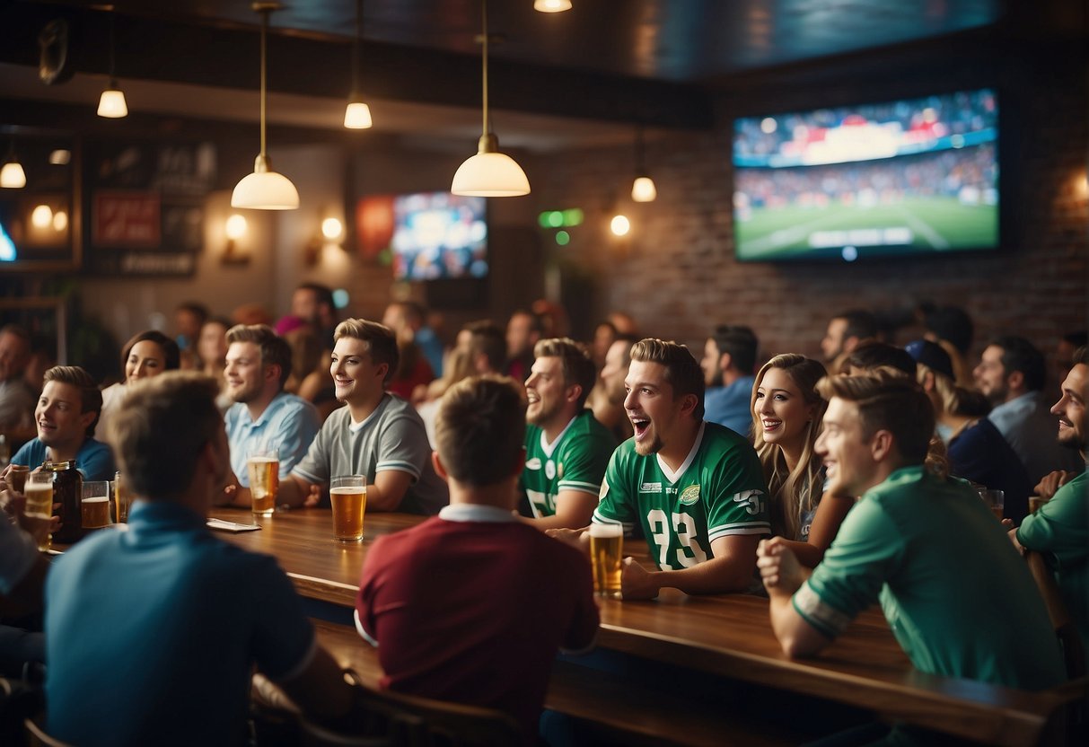 Fans cheer at a lively sports bar, kids in team jerseys watch a big game on a big screen, while memorabilia decorates the walls