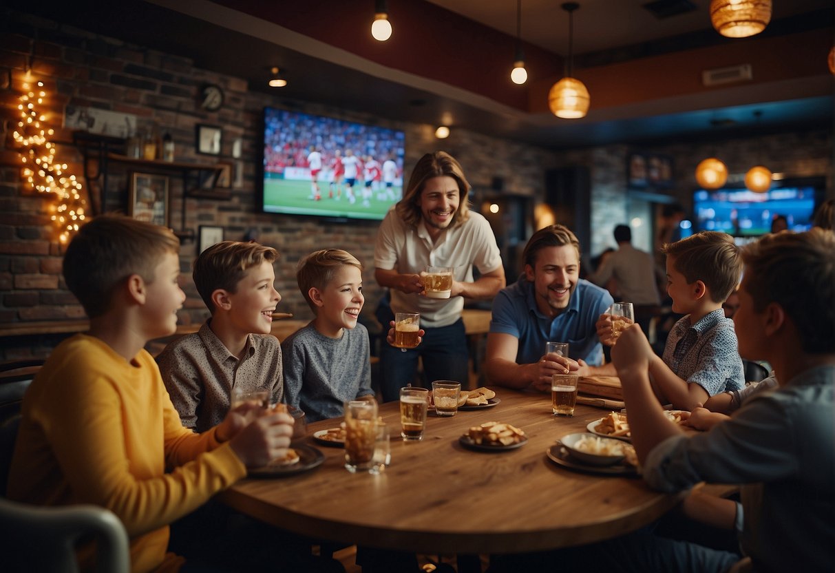 Families gather at a lively sports bar, children cheering as they watch games on big screens, surrounded by team memorabilia and a festive atmosphere