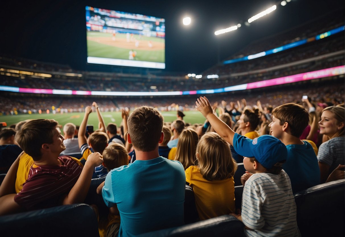 Families gather at a lively sports arena, cheering and bonding over the game. Children watch in awe as athletes showcase Missouri's sporting spirit