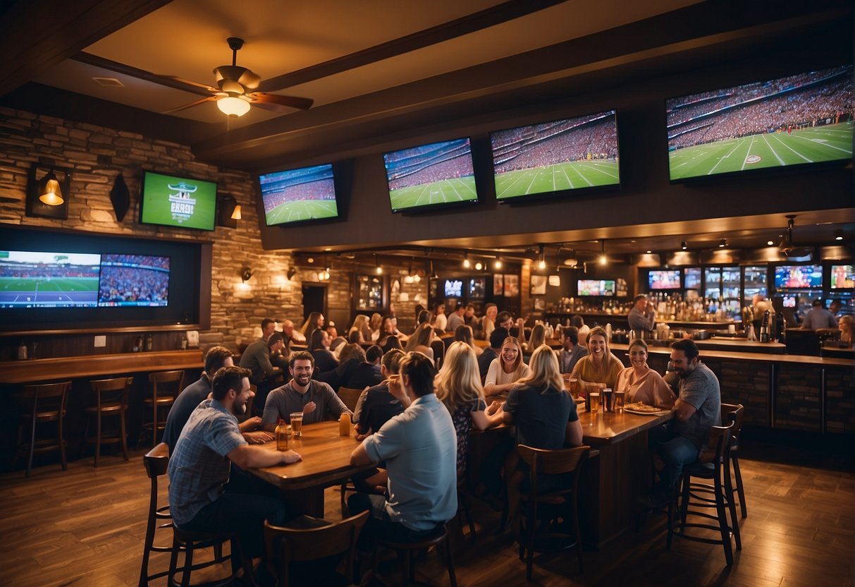A lively sports bar with families gathered around big screens, cheering and enjoying the game together. Tables are filled with snacks and drinks, creating a fun and spirited atmosphere for kids and adults alike