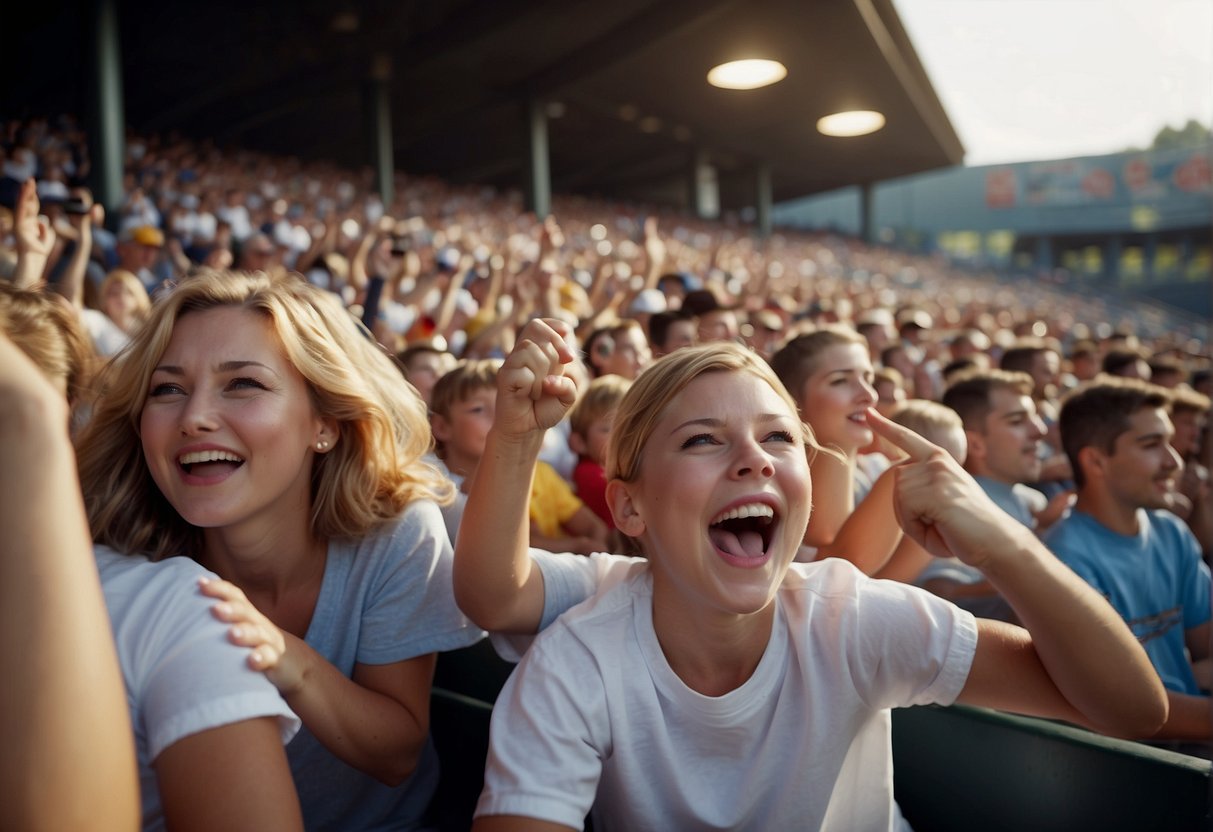 Families cheer in the stands as players hit home runs and slide into bases at a Missouri baseball game. The stadium is filled with excitement and the smell of hot dogs and popcorn