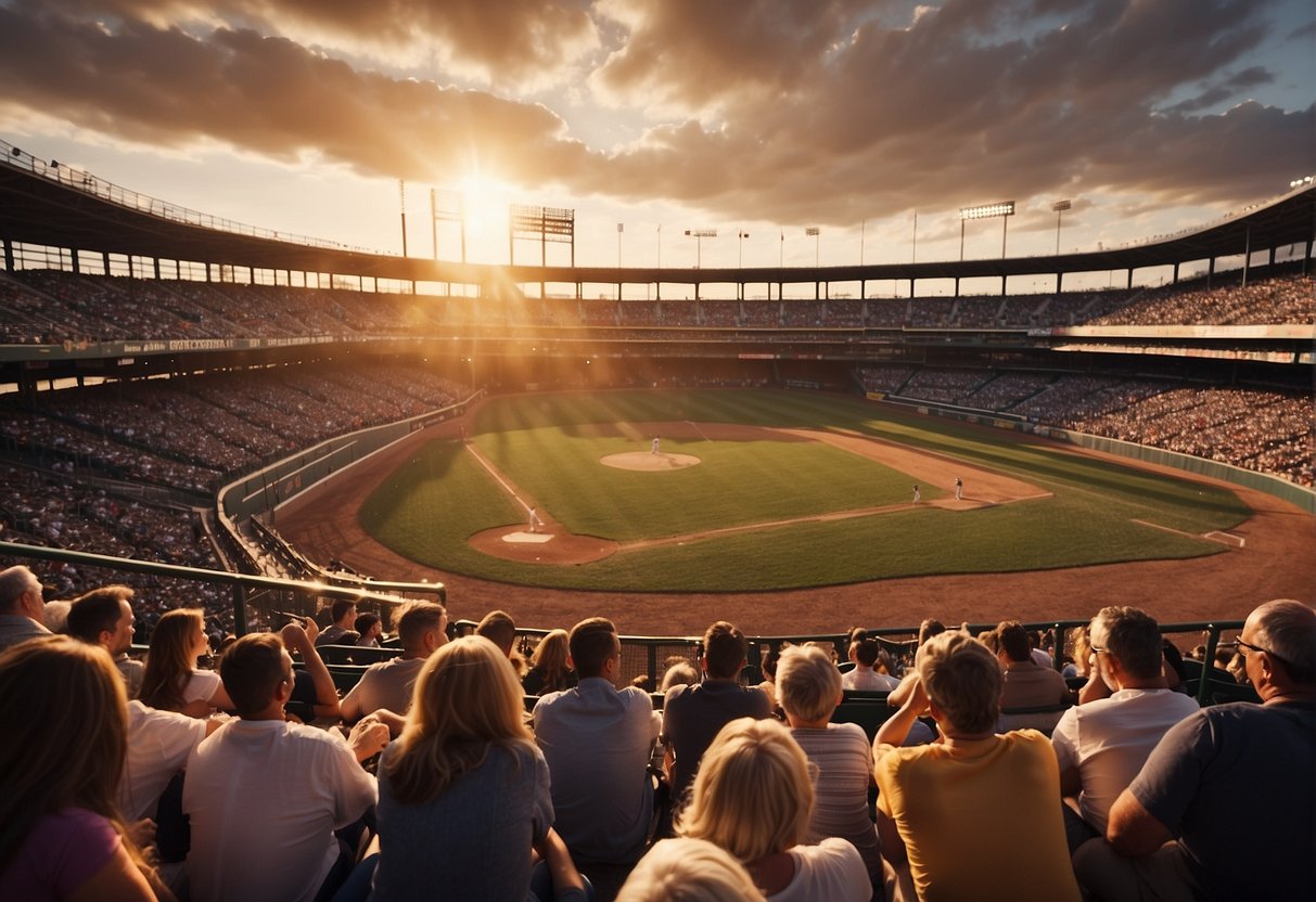 Families gather at a baseball stadium in Missouri, cheering and enjoying the game. The sun sets behind the stadium, casting a warm glow over the crowd
