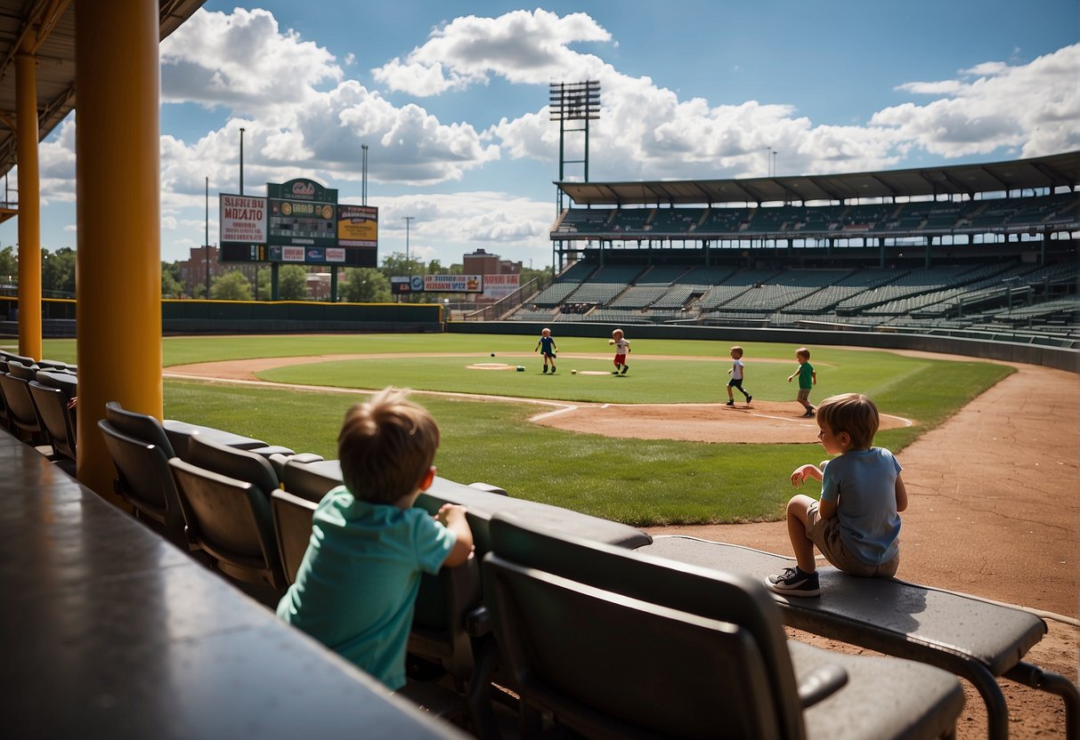 Children playing in the designated family area at a Missouri ballpark, while parents watch from nearby seating. Concession stands offer kid-friendly snacks