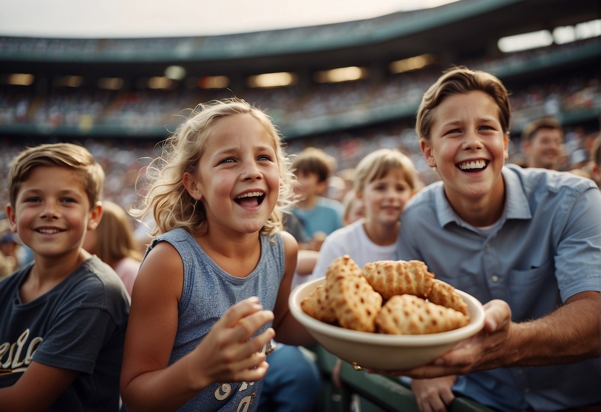 Families cheer and bond at a baseball game in Missouri, with kids playing catch and fans enjoying food and drinks