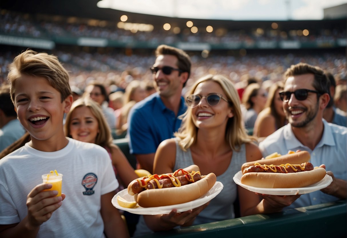 Families cheer at a crowded baseball stadium in Missouri, with hot dogs and soda in hand, while the players take the field