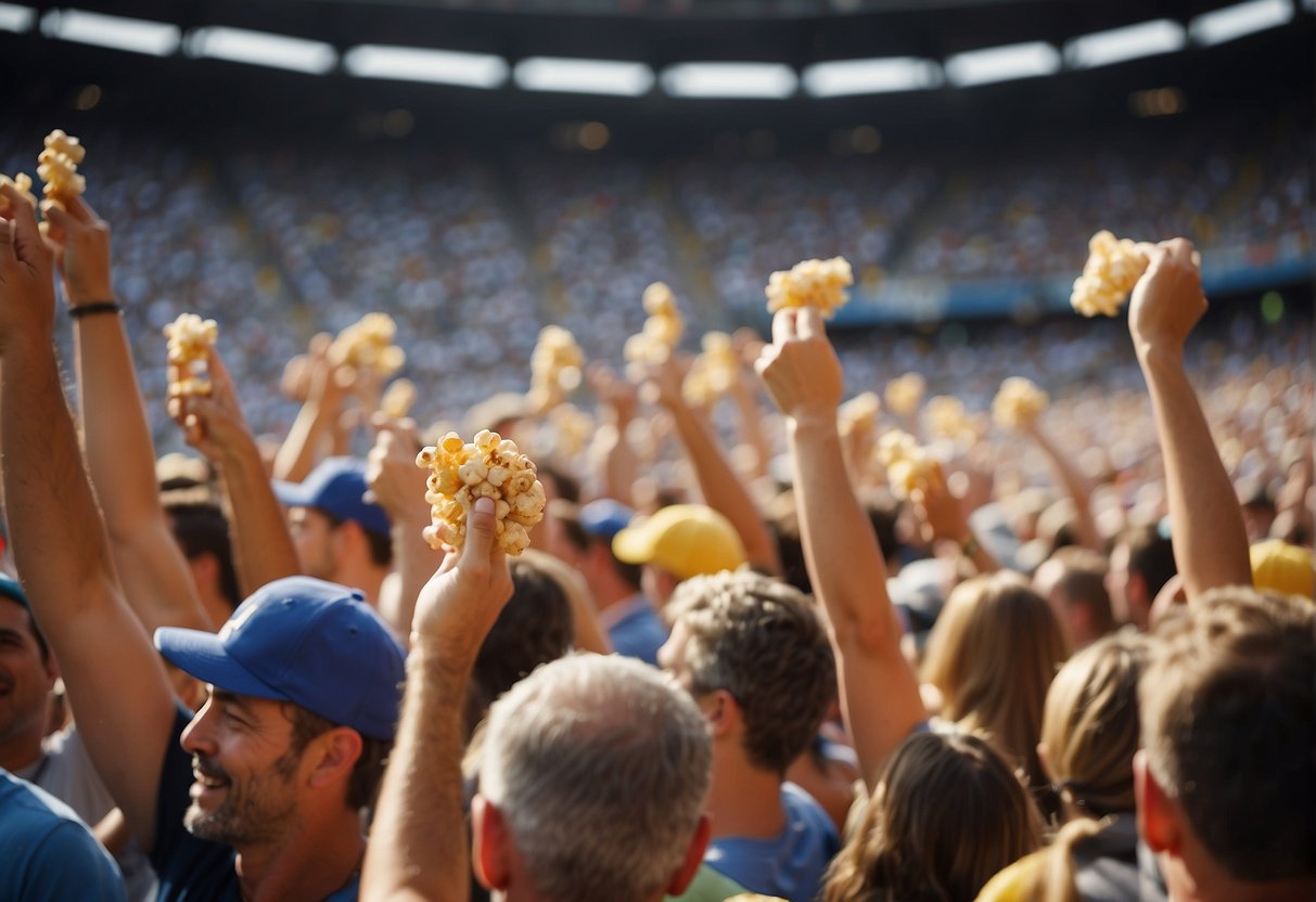 Fans cheer and wave foam fingers as players hit home runs. The stadium is filled with excitement and energy. Hot dogs and popcorn vendors roam the stands