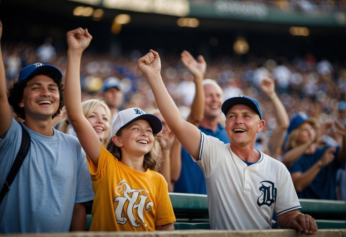 Families cheer at a baseball game in Missouri. The stadium is packed, with fans enjoying the game and surrounding areas