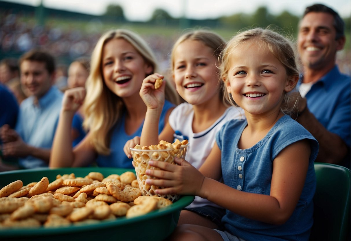 Families cheer and snack at a baseball game in Missouri, surrounded by a lively stadium and green fields