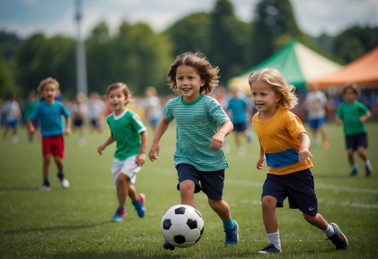 Children playing soccer on a green field, surrounded by cheering parents and colorful banners. A snack stand offers treats nearby