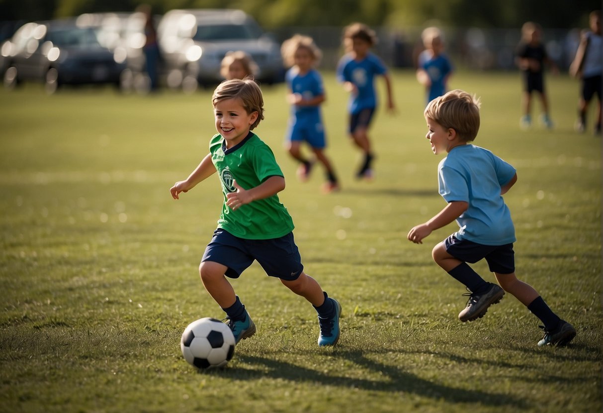 Children playing soccer on a green field, families cheering from the sidelines, a bright sunny day in Missouri