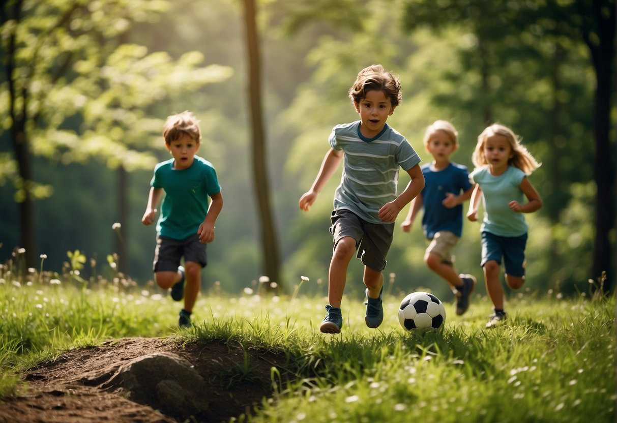A group of children play in a lush green meadow, surrounded by towering trees and rolling hills. Some kids are kicking a soccer ball, others are climbing on a rock wall, and a few are hiking along a trail